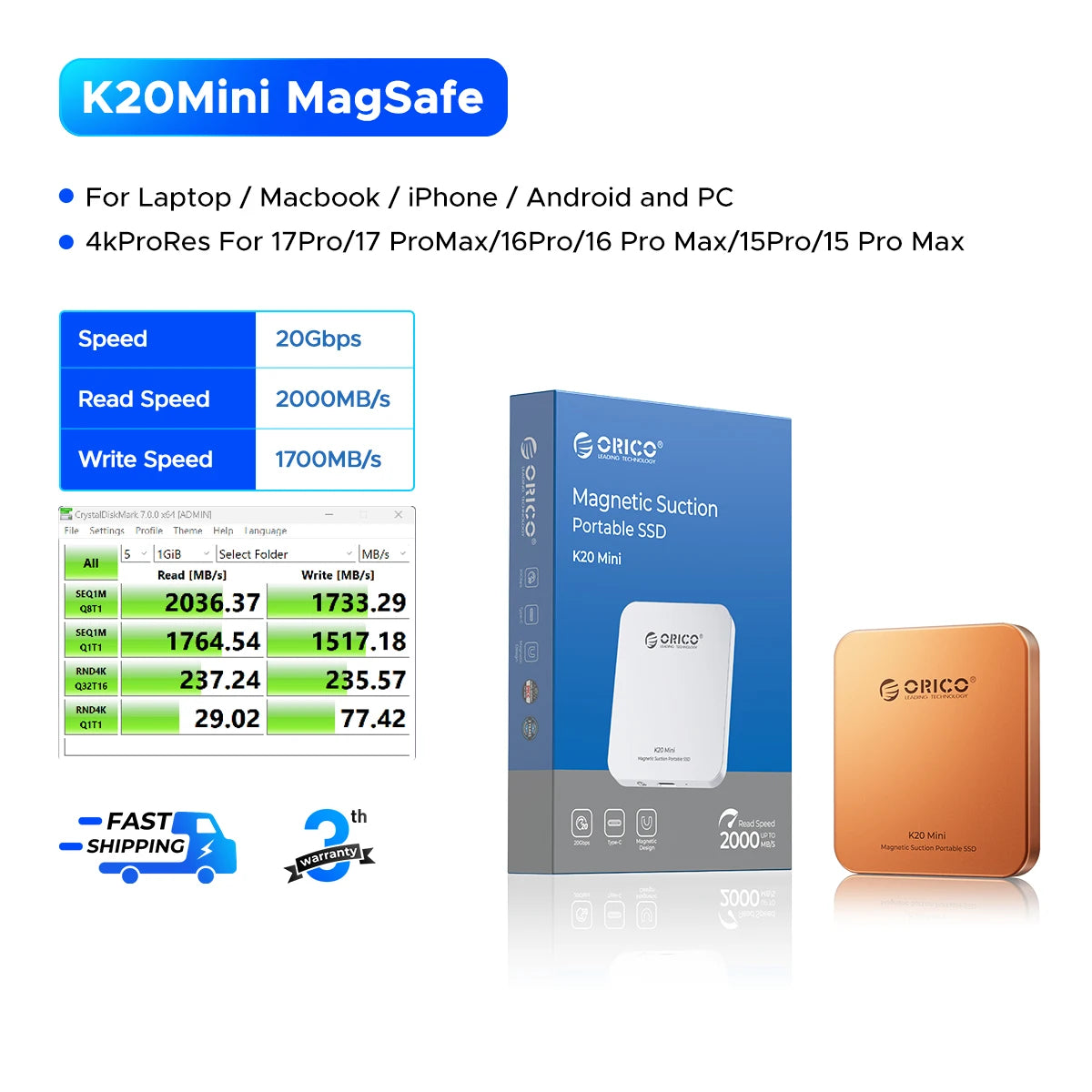 Orico Magnetic Portable SSD 20Gbps for iPhone 16/15 Pro & USB-C Devices - 17