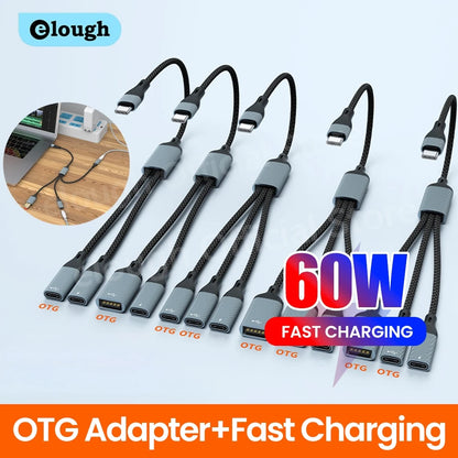 USB C Hub Splitter Adapter - 60W PD Fast Charging & Data Transfer Cable