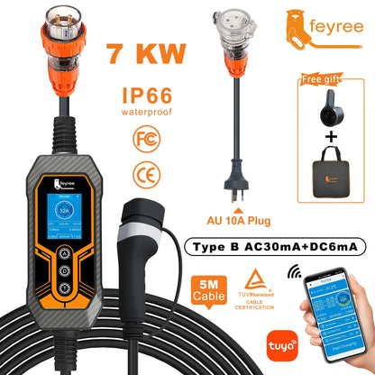 7KW Portable EV Charger Type 2, 32A Adjustable Smart WiFi Fast Car Charger