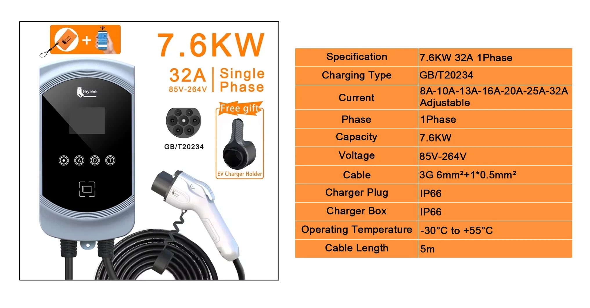 Smart EV Charging Wallbox - Adjustable 7KW/11KW/22KW Fast Charger with App - 7
