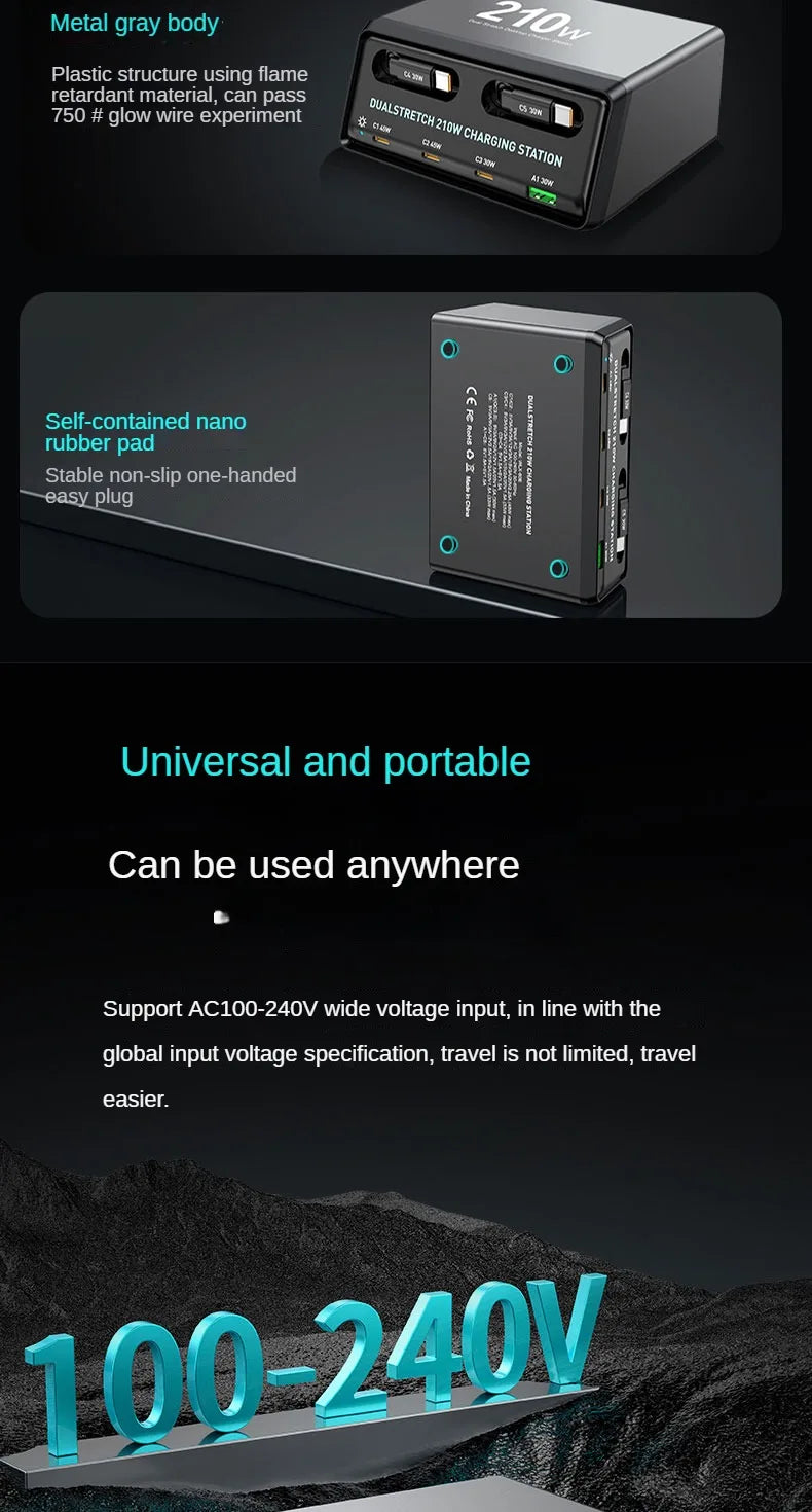 6-in-1 Retractable Fast Charging Station 210W USB-C Desktop Power Hub