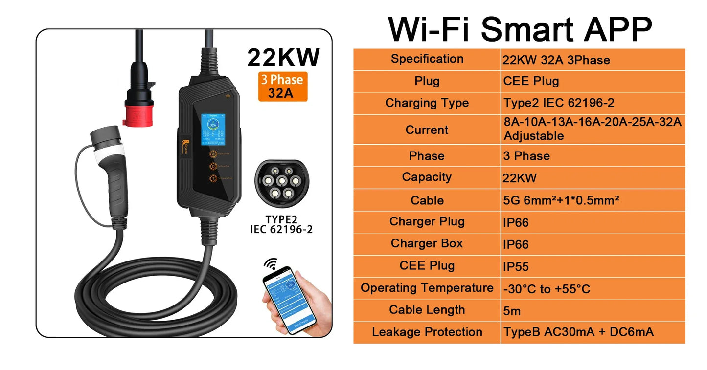 Smart Portable EV Charger Type 2 - Wi-Fi App Control & Fast Charging