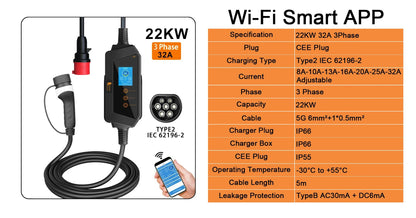 Smart Portable EV Charger Type 2 - Wi-Fi App Control & Fast Charging