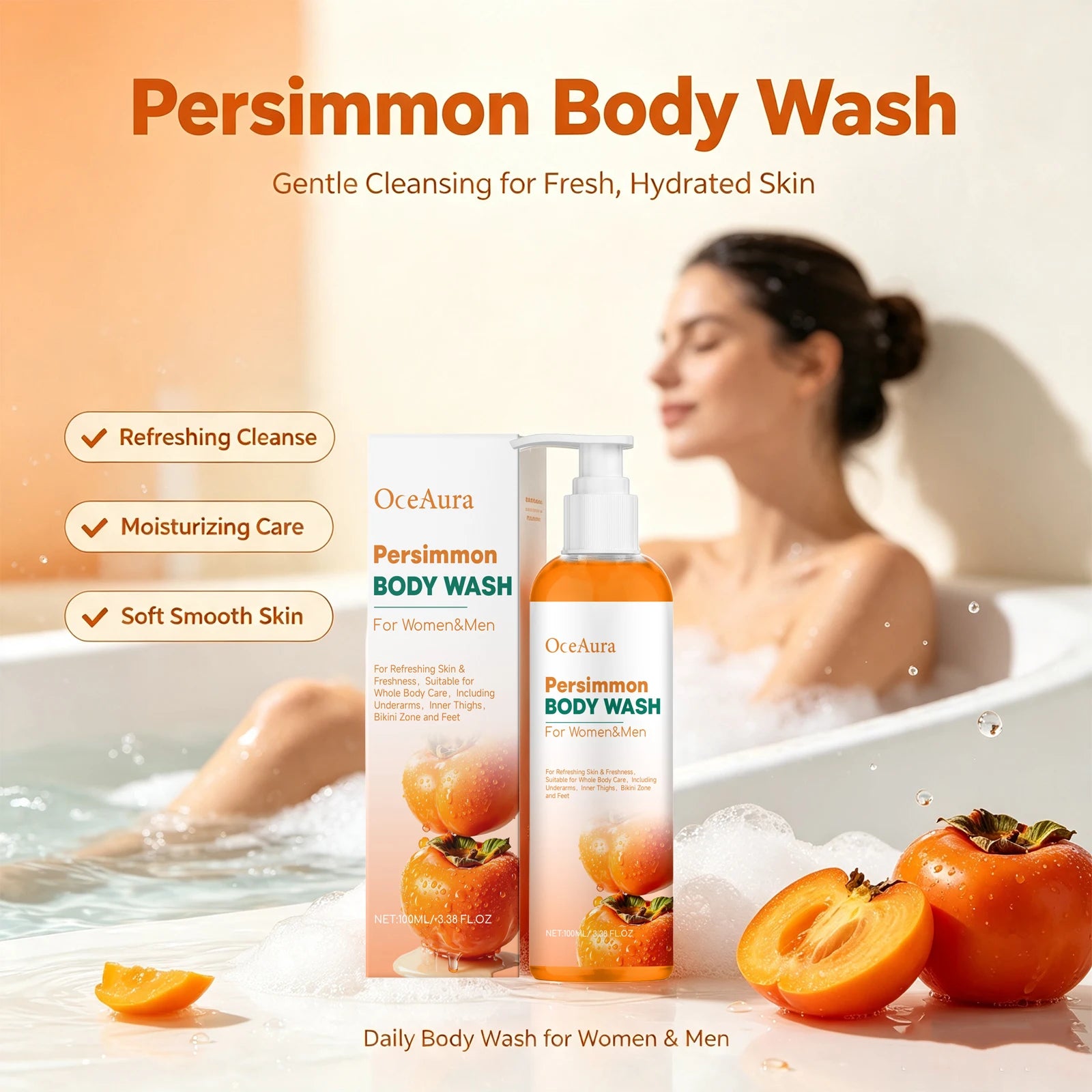 Natural Persimmon Body Wash - Odor Eliminating Deodorizing Shower Gel for All Skin - 4