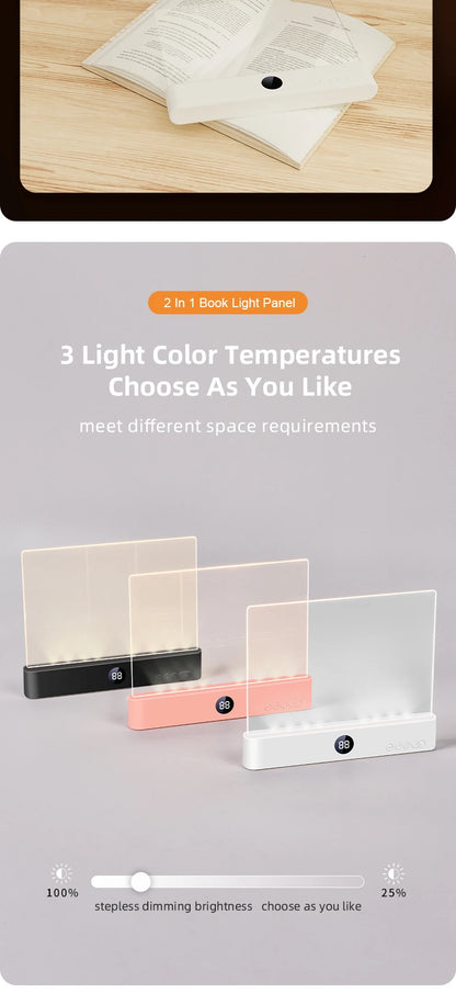 Flat Panel LED Book Reading Light - Rechargeable Eye-Caring Night Light with Timer