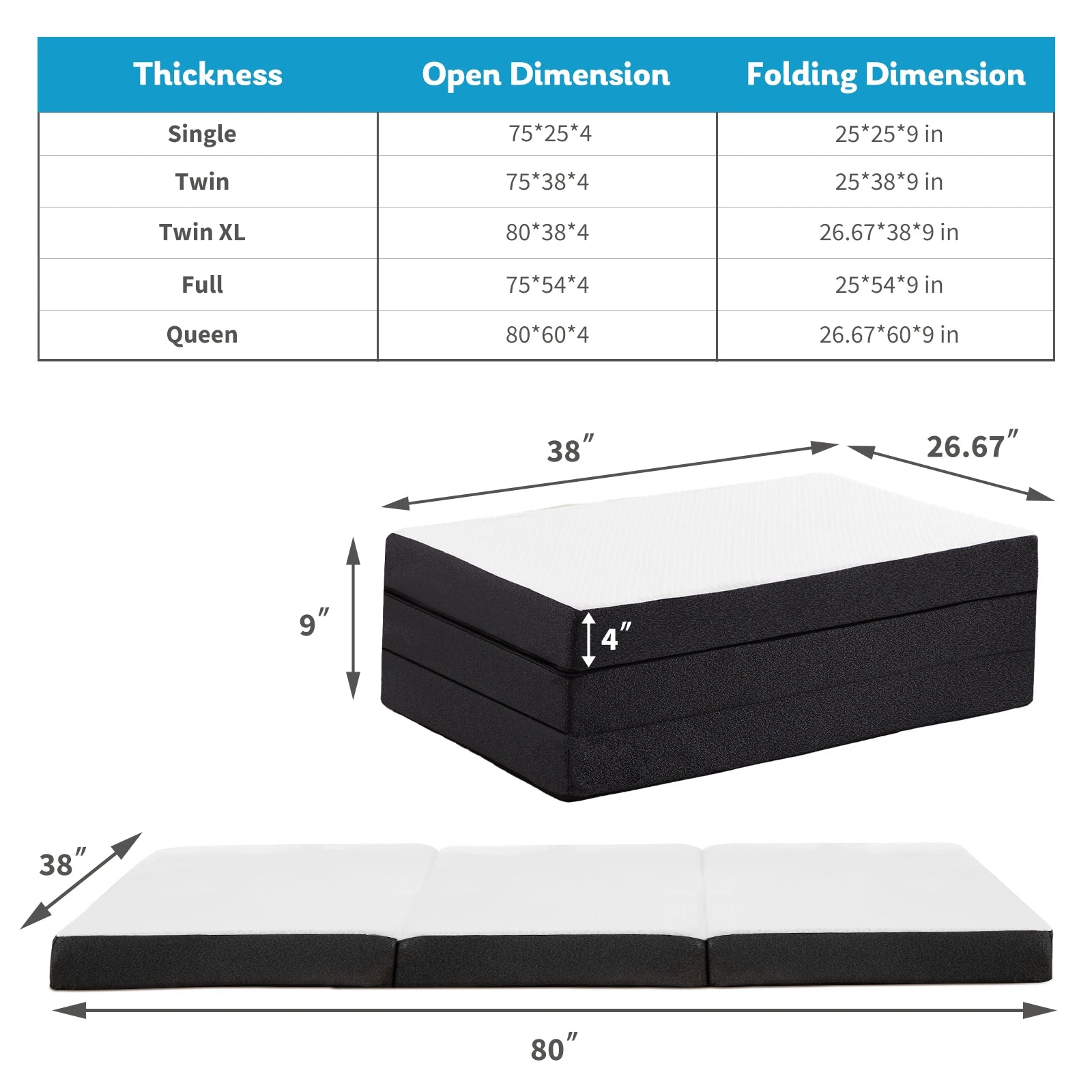 Portable Tri-Fold Memory Foam Mattress - Foldable Floor Bed for Guest & Travel - 26