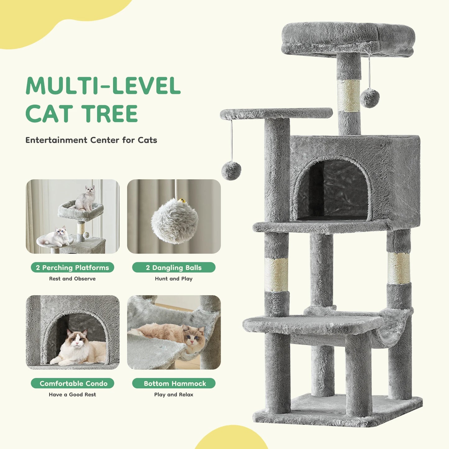 44" Multi-Level Cat Tree Tower with Scratching Posts & Cozy Condo