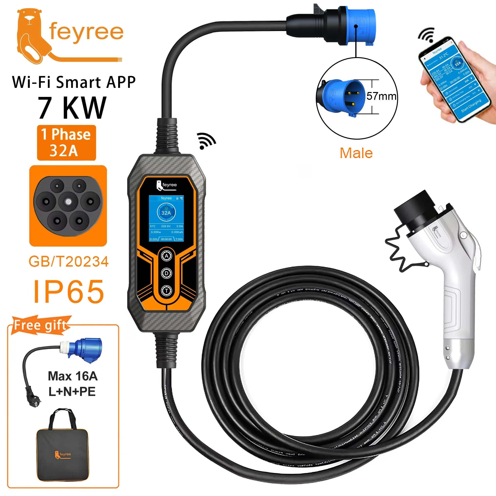 7KW WiFi EV Charger - Smart App Controlled GB/T Portable Charging Cable - 29