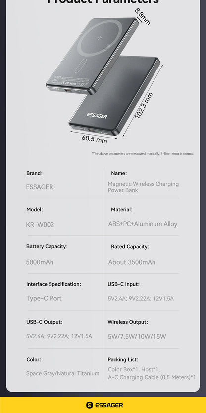 Slim Magnetic Wireless Power Bank 5000mAh for iPhone 16/15/14 Fast Charge
