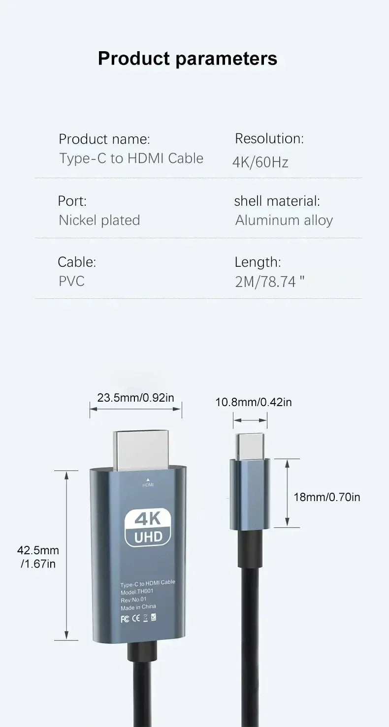 4K USB-C to HDMI Adapter Cable for Laptop, Phone & Tablet Screen Mirroring - 22