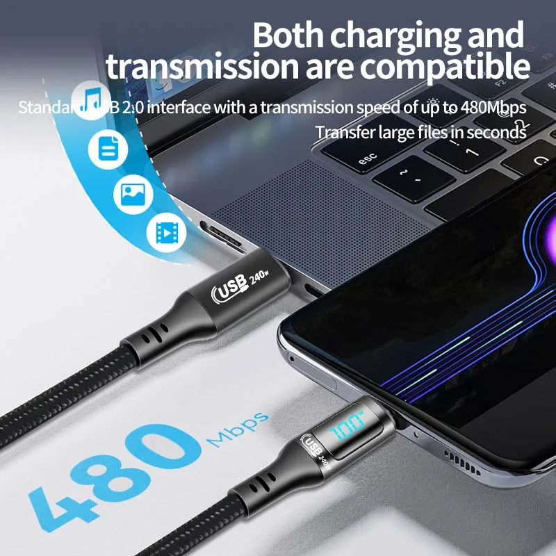 240W USB-C to USB-C Fast Charging Cable with Real-Time LED Power Display