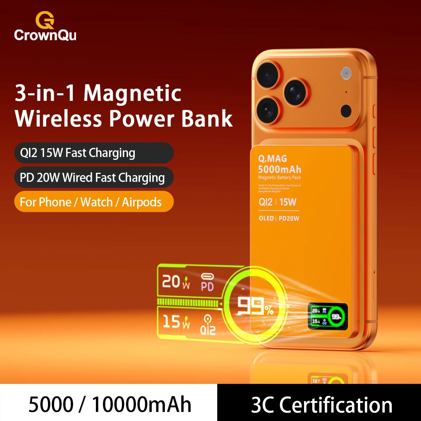 Magnetic Qi2.1 Wireless Power Bank 20W Fast Charger for iPhone & Watch - 1