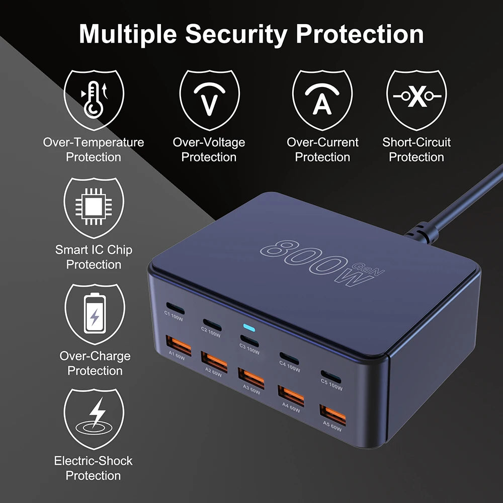 100W GaN Desktop Fast Charging Station - 10-Port USB-C & USB-A Power Hub - 5