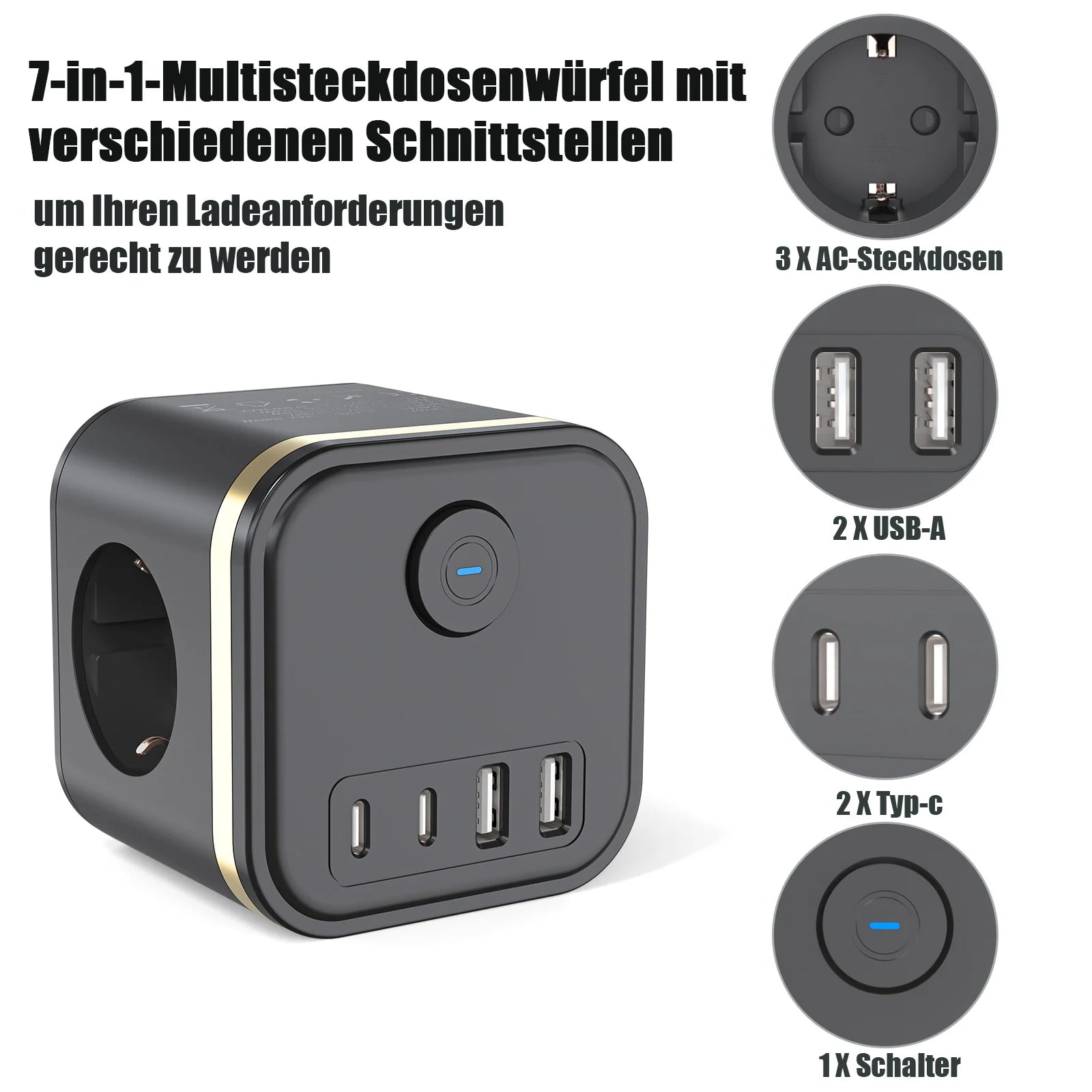 7-in-1 European Power Strip Cube with 4 USB/Type-C Fast Charging Ports - 2