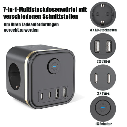 7-in-1 European Power Strip Cube with 4 USB/Type-C Fast Charging Ports
