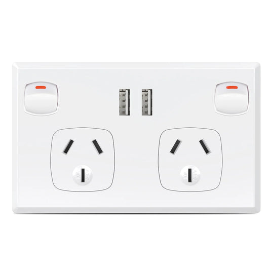 Australian Standard Dual Wall Socket with USB Ports & 2-Gang Switch