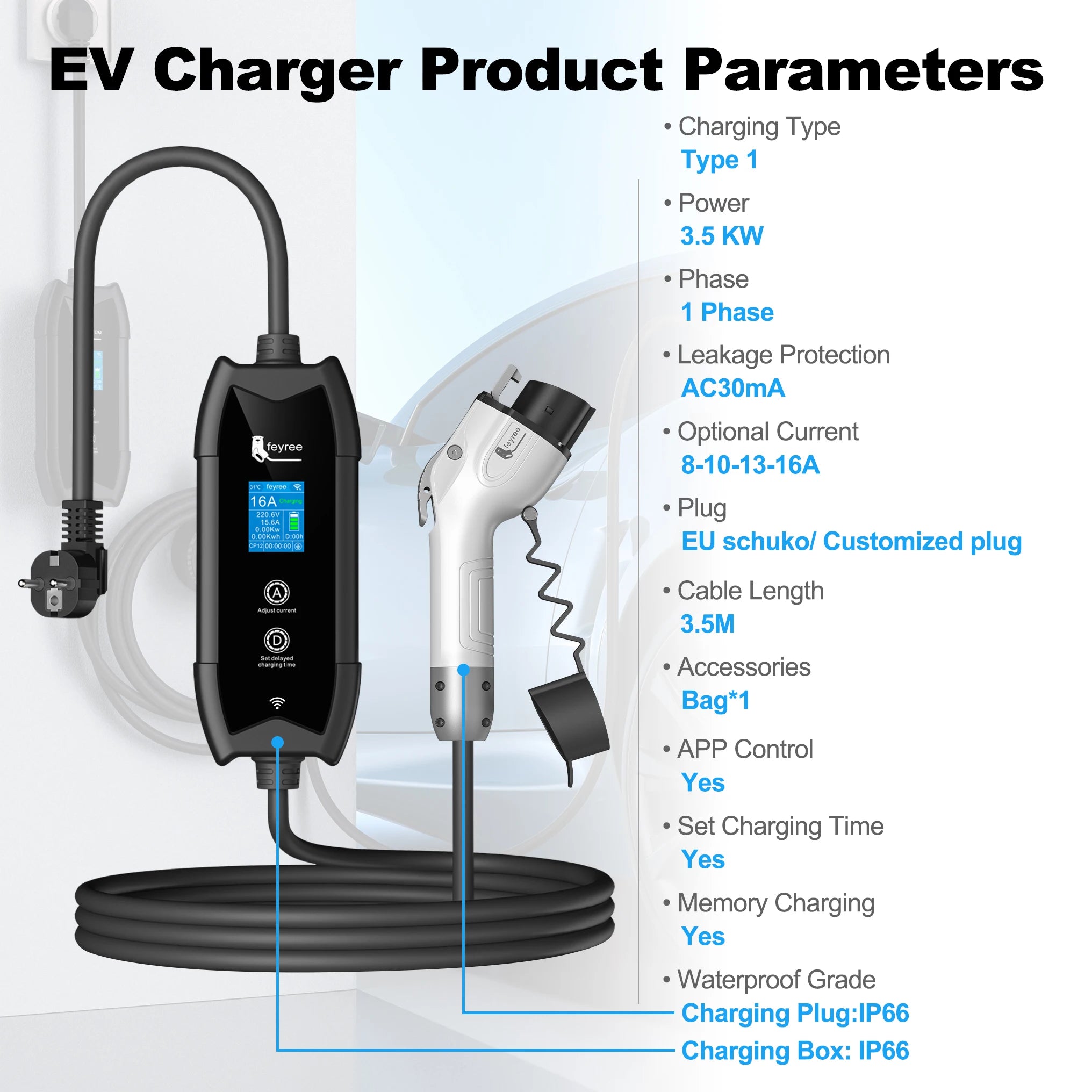Portable Type 1 EV Charger - 16A 3.5kW Smart App Controlled Charging Cable - 8