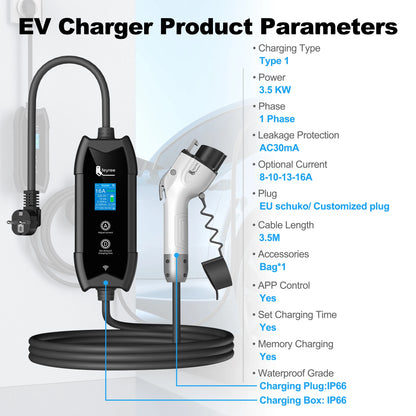 Portable Type 1 EV Charger - 16A 3.5kW Smart App Controlled Charging Cable