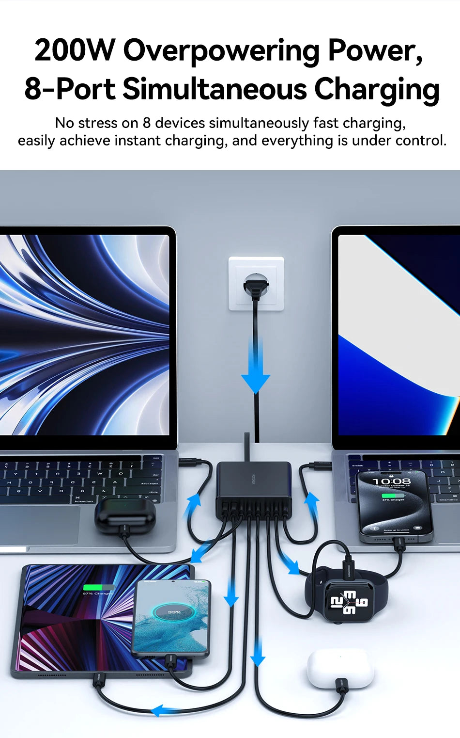 200W 8-Port USB-C Desktop Fast Charging Station for Laptops & Phones - 9