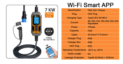 7KW Portable EV Charger Type 2, 32A Smart Wi-Fi Electric Vehicle Charger