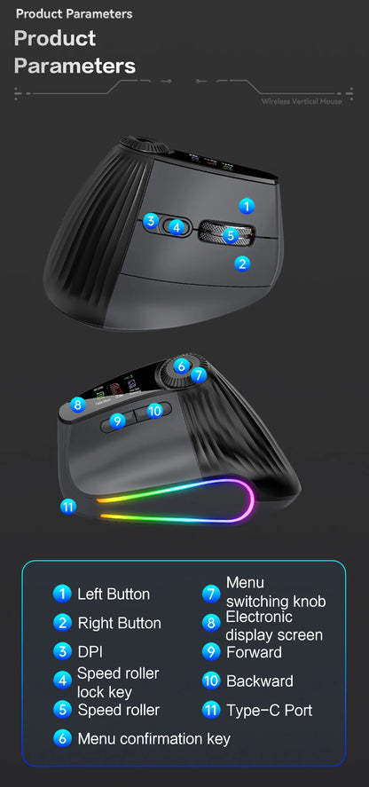 Ergonomic Wireless Vertical Mouse with RGB Backlight & Precision Knob