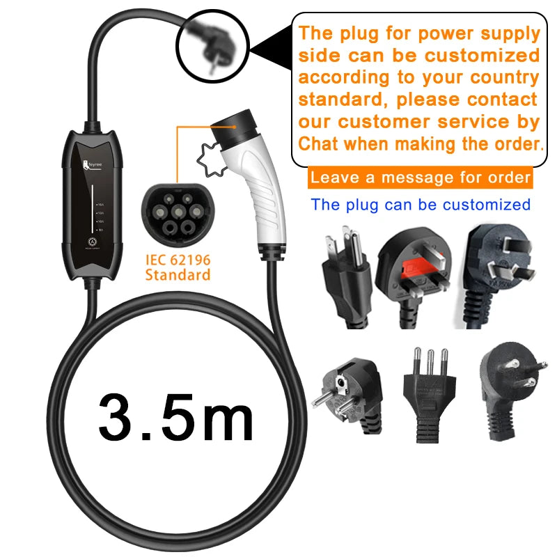 Portable EV Charger 3.5KW Level 2 Electric Vehicle Charging Cable 16A