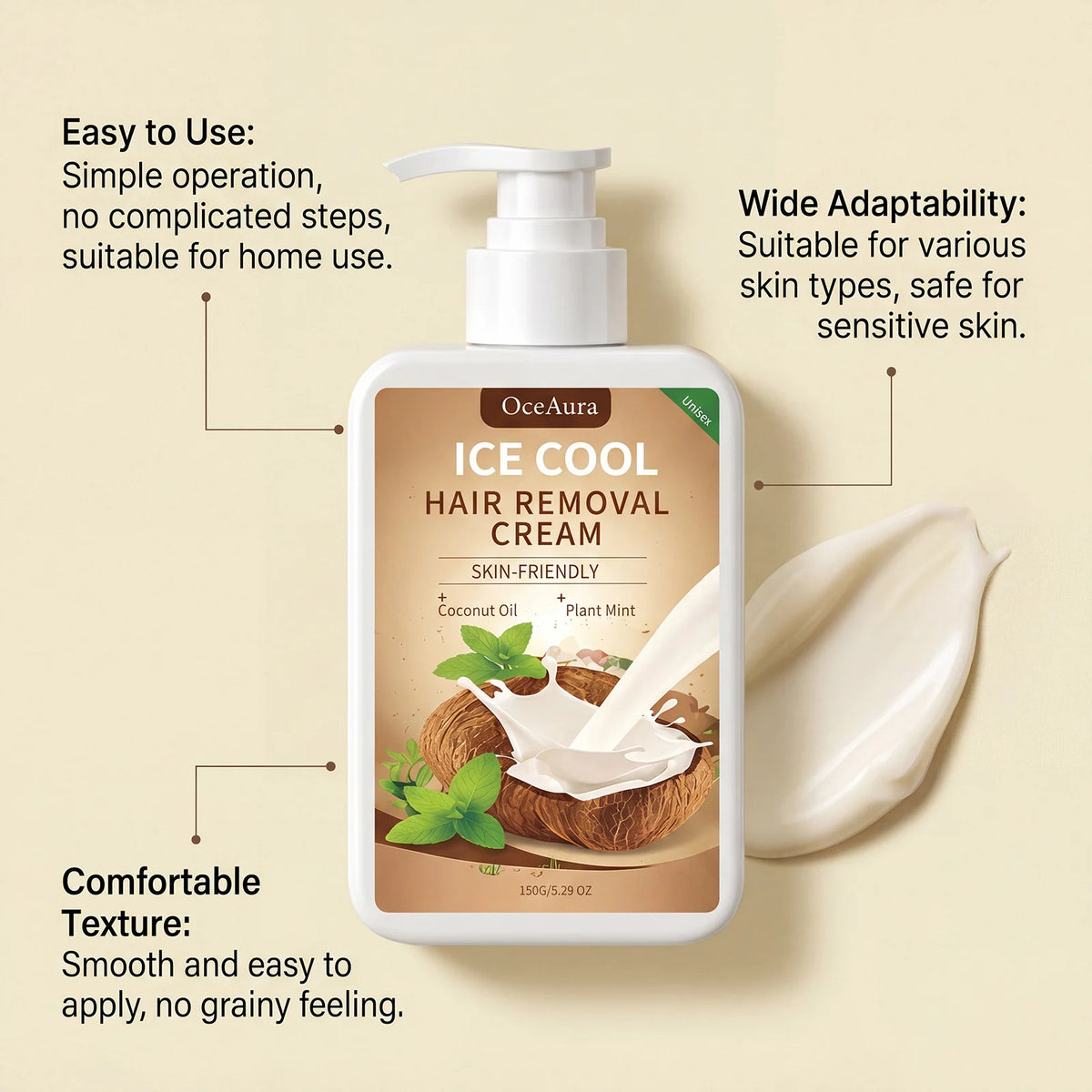 Ice Cool Painless Hair Removal Cream with Coconut Oil & Mint