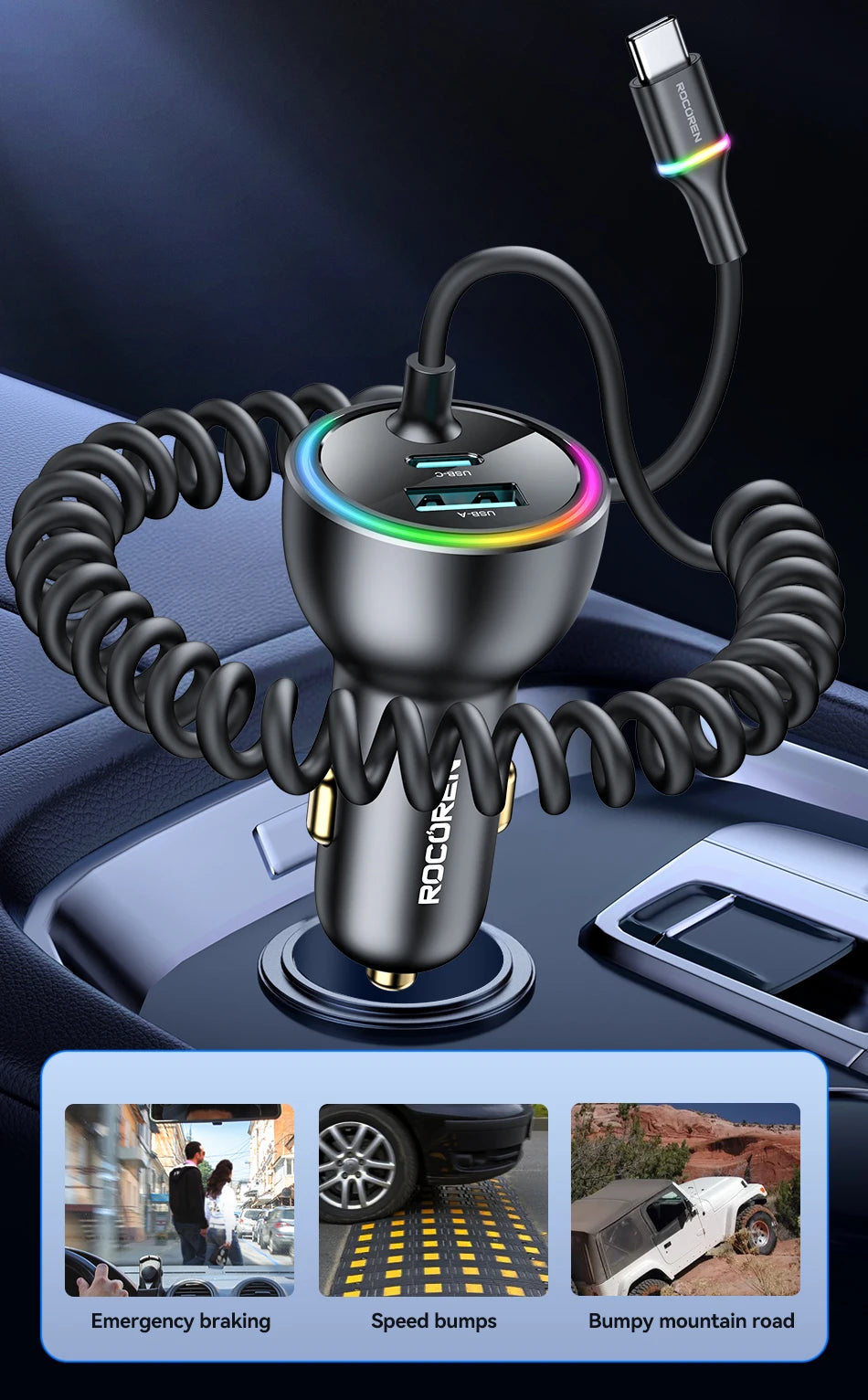 70W Fast USB-C Car Charger with 1.6m Retractable Spring Cable - 29