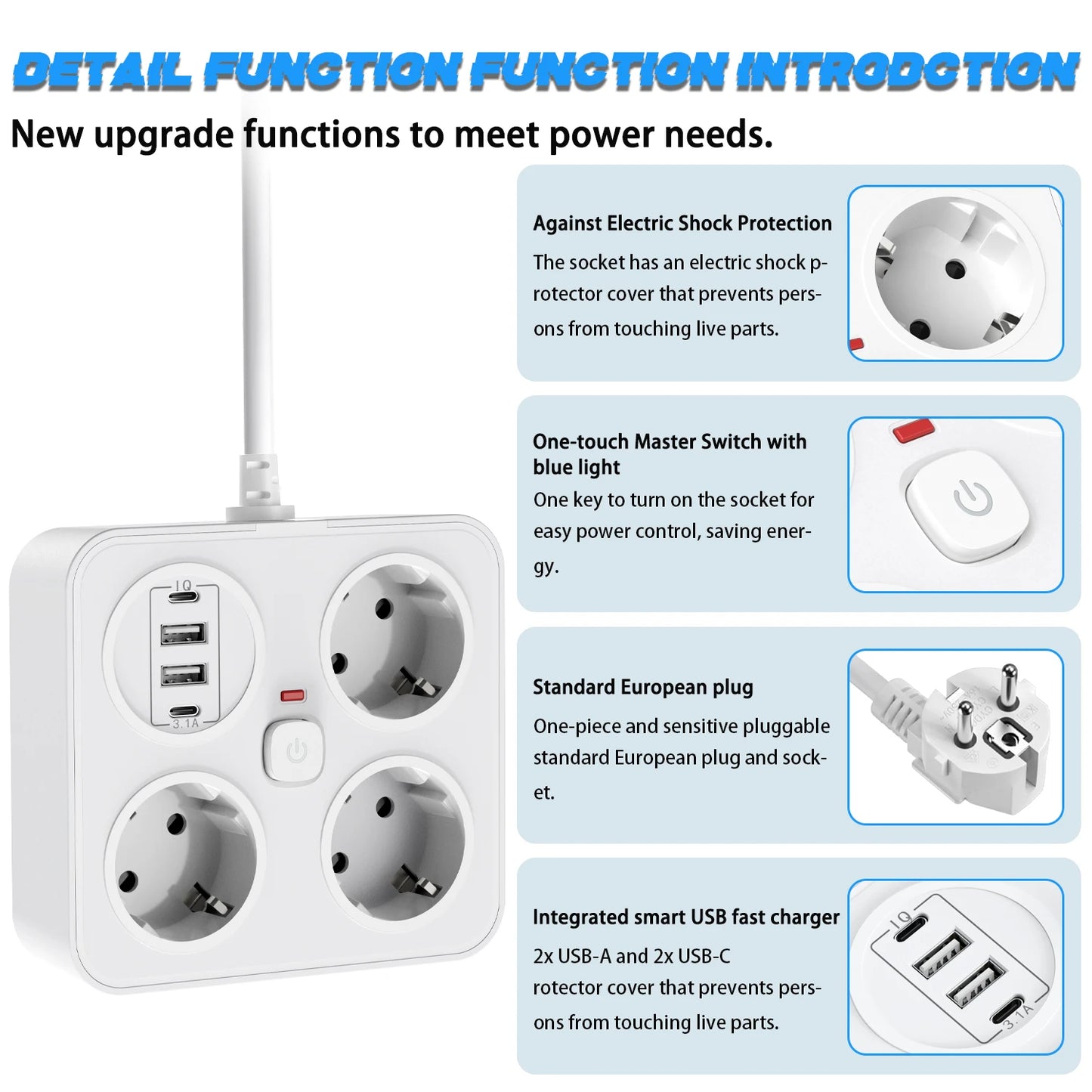 7-in-1 European Power Strip with 4 USB Ports & Surge Protection
