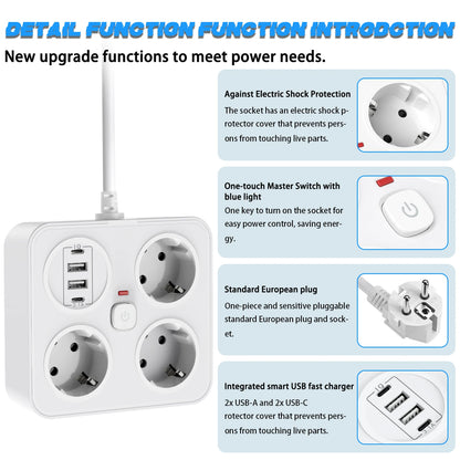 7-in-1 European Power Strip with 4 USB Ports & Surge Protection