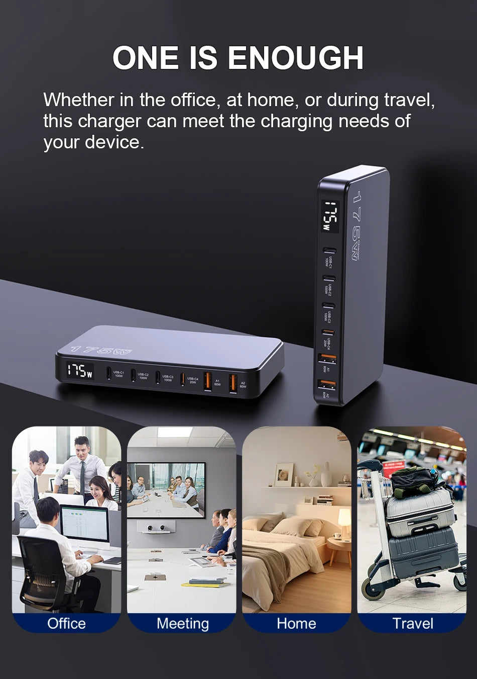 175W GaN Fast Charger with 6-Port Desktop Power Hub & LED Display