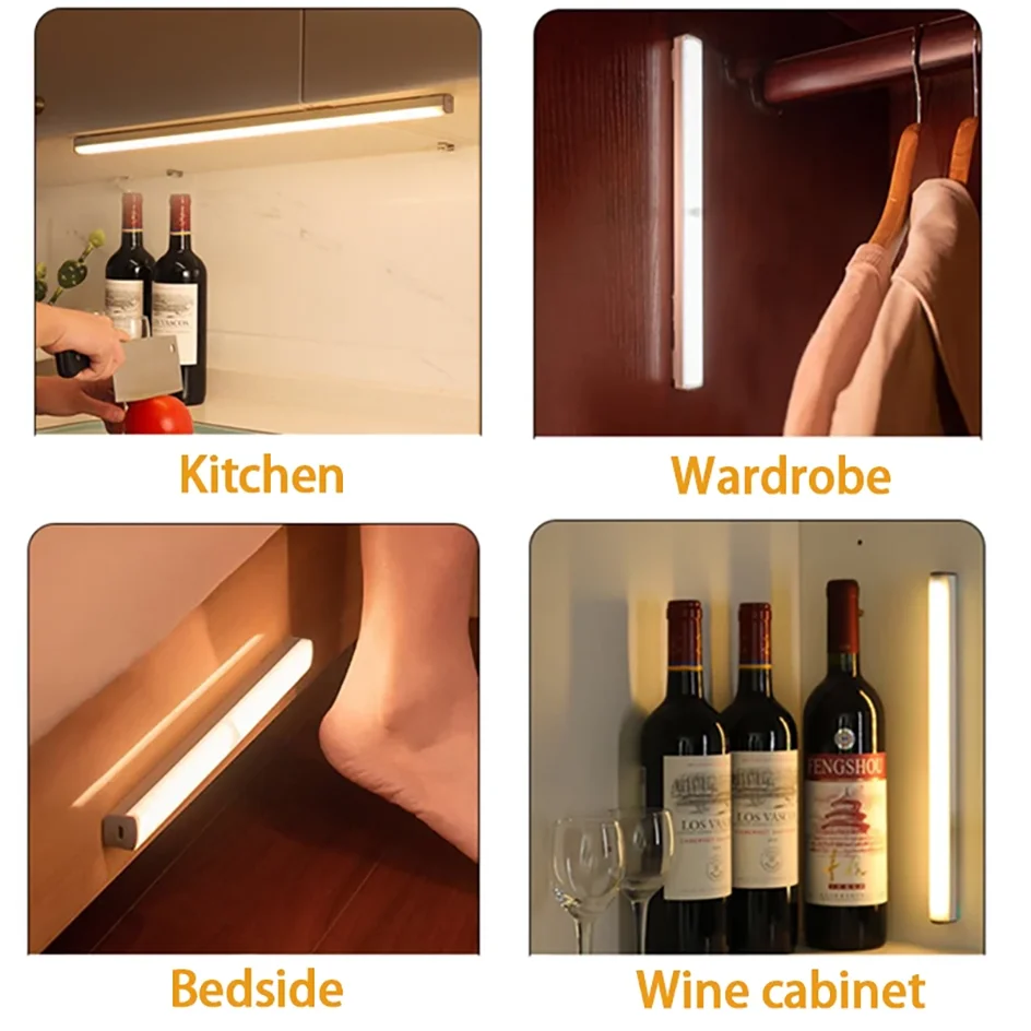 Wireless Motion Sensor LED Under Cabinet Light - USB Rechargeable Dimmable Closet Bar - 15
