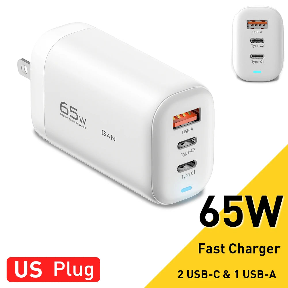 65W GaN Fast Charger - Triple Port USB-C Wall Charger for Laptop & Phone - 30