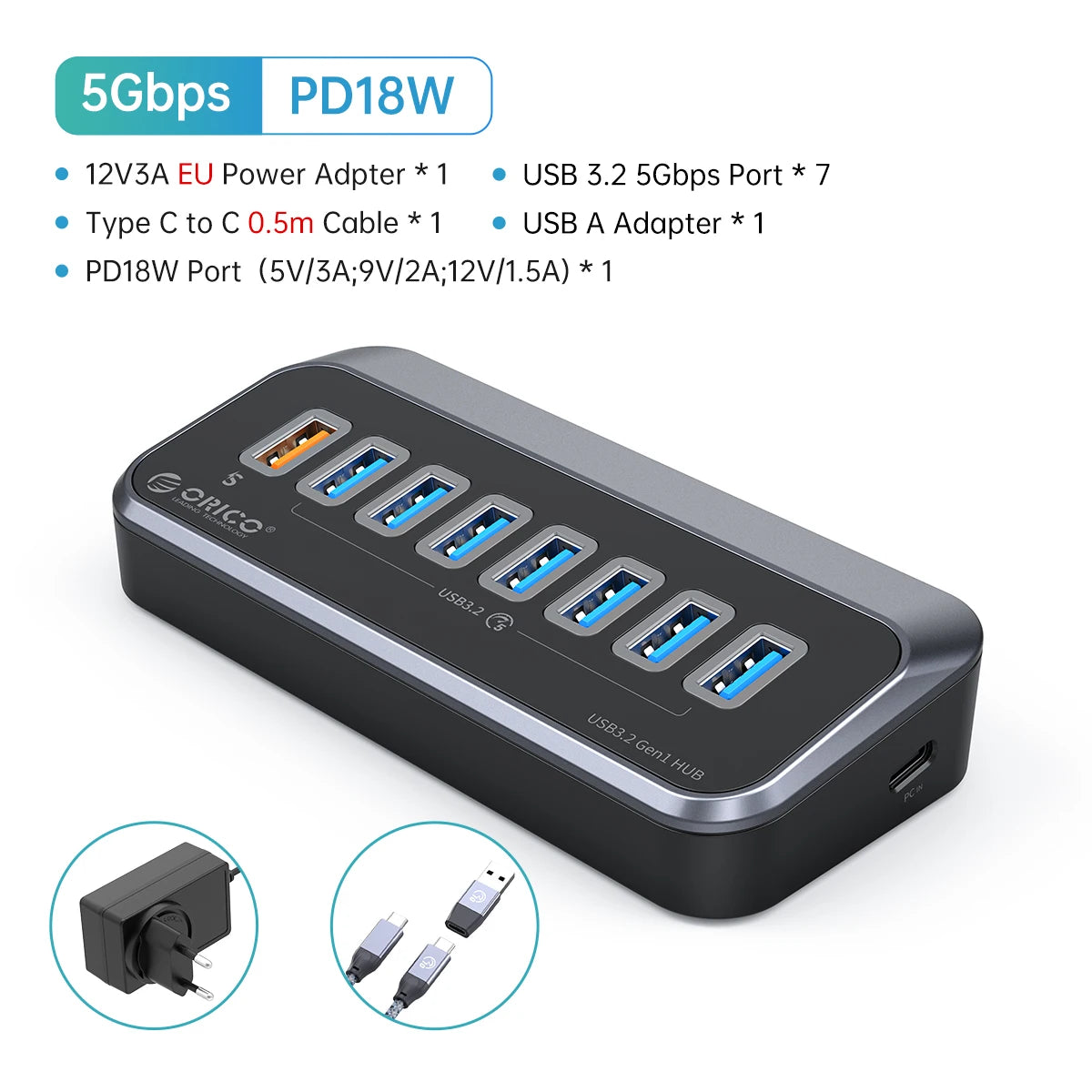 7-Port Powered USB 3.2 Hub with Fast Charging for Laptop & PC - 25