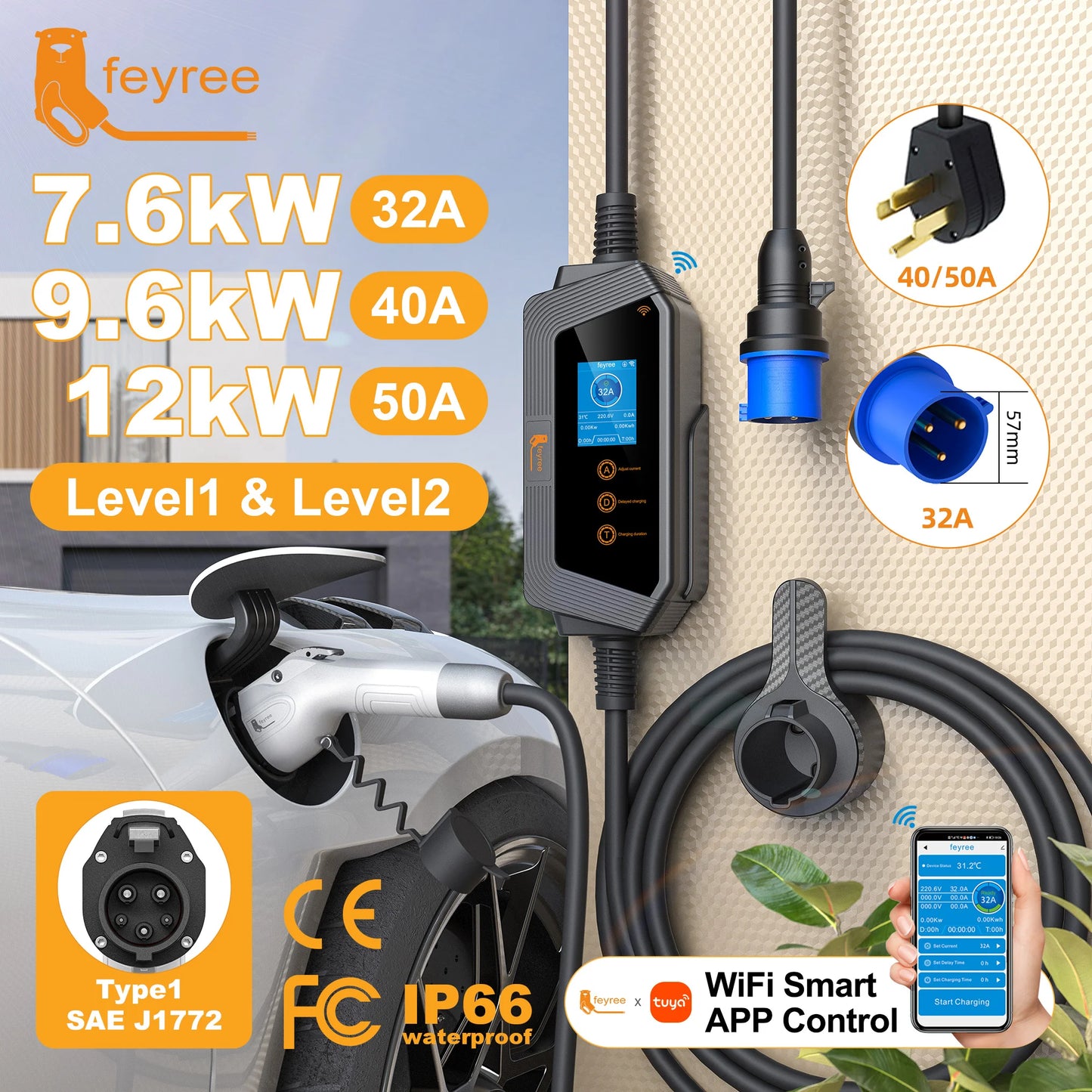 Portable J1772 EV Charger Level 2 - Smart WiFi App Control & Fast Charging