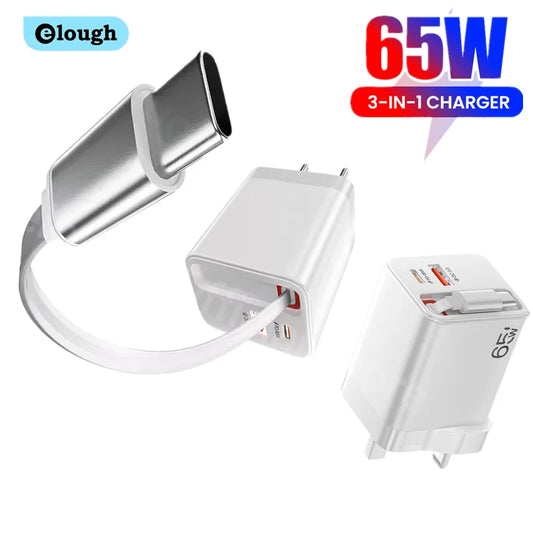 65W Retractable USB-C Fast Charger - Portable PD Travel Adapter for Laptop