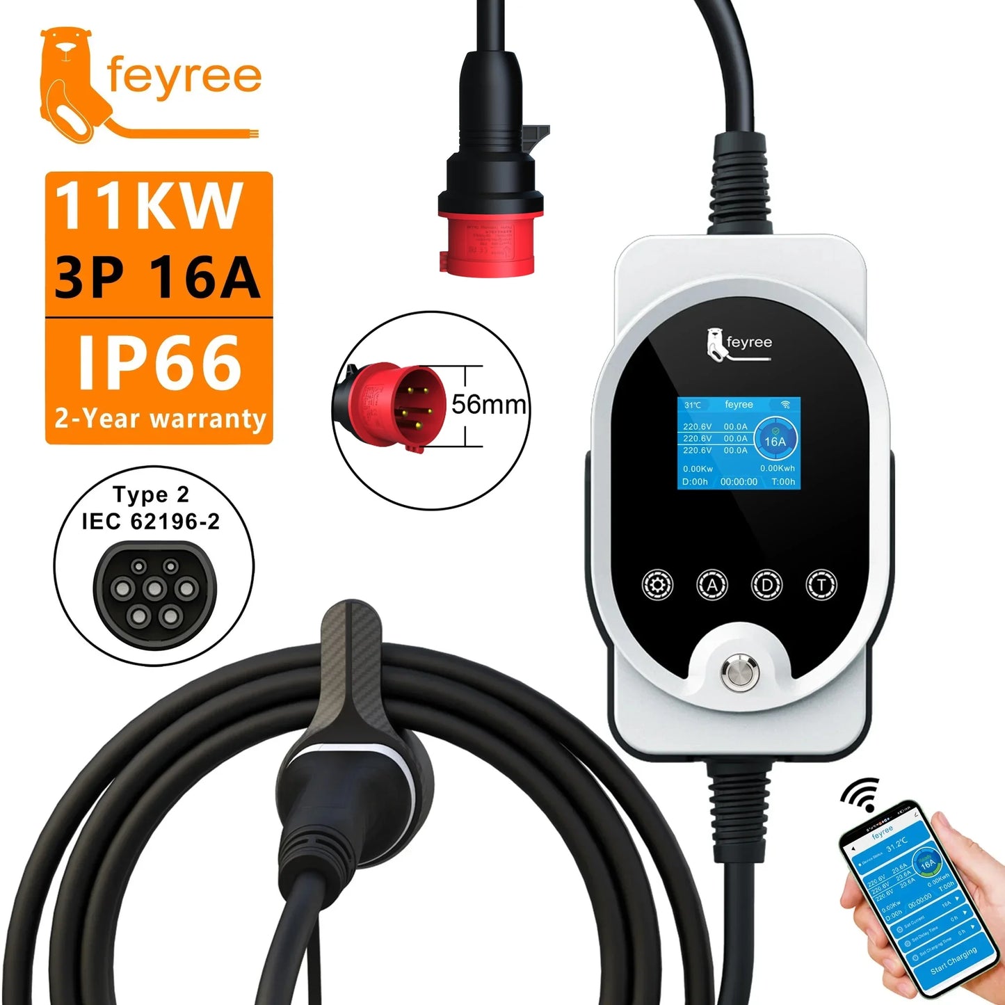 11KW Type 2 Smart EV Wallbox Charger - Portable 3-Phase Electric Car Station