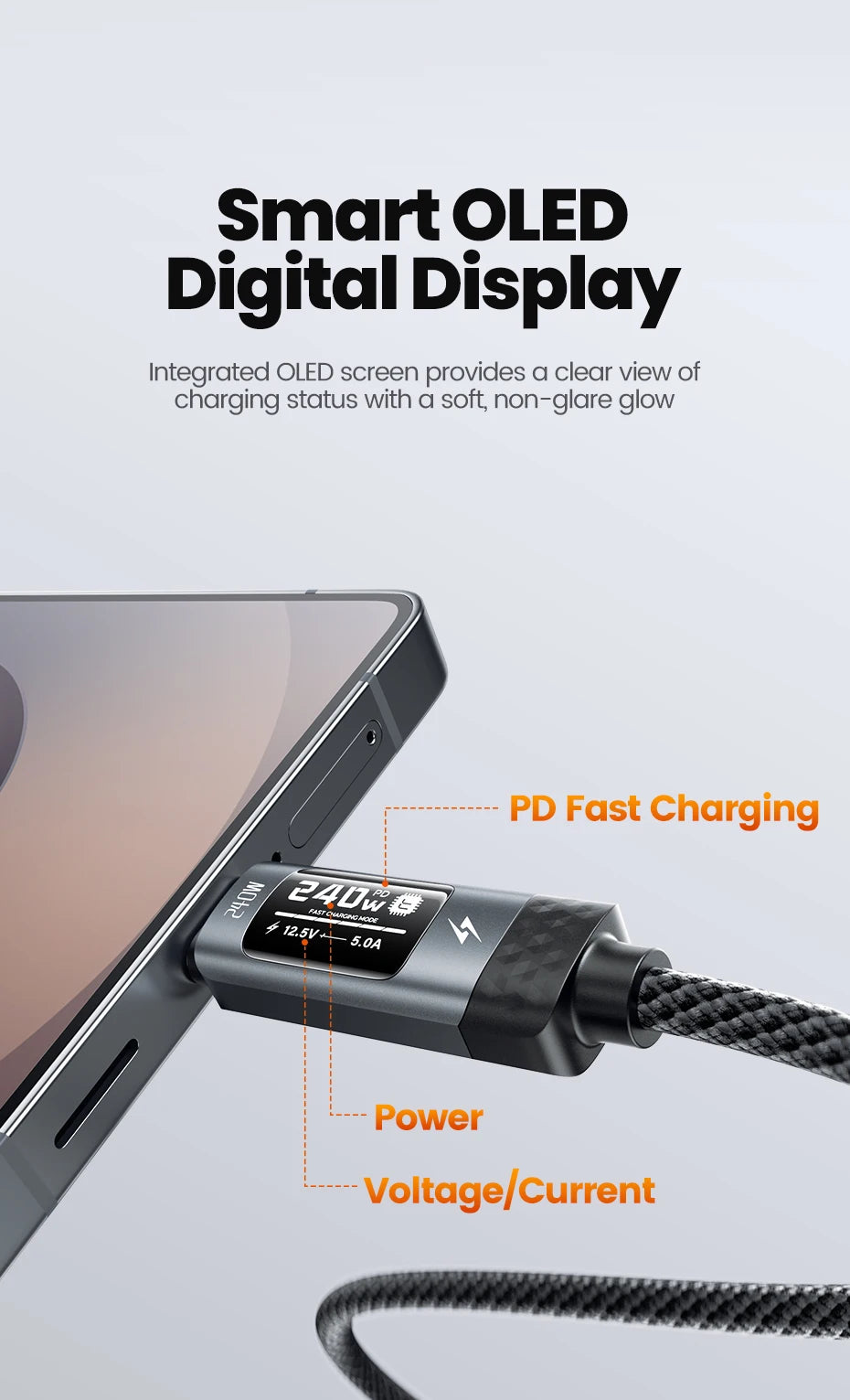 240W USB-C Fast Charging Cable with Real-Time OLED Power Display - 9