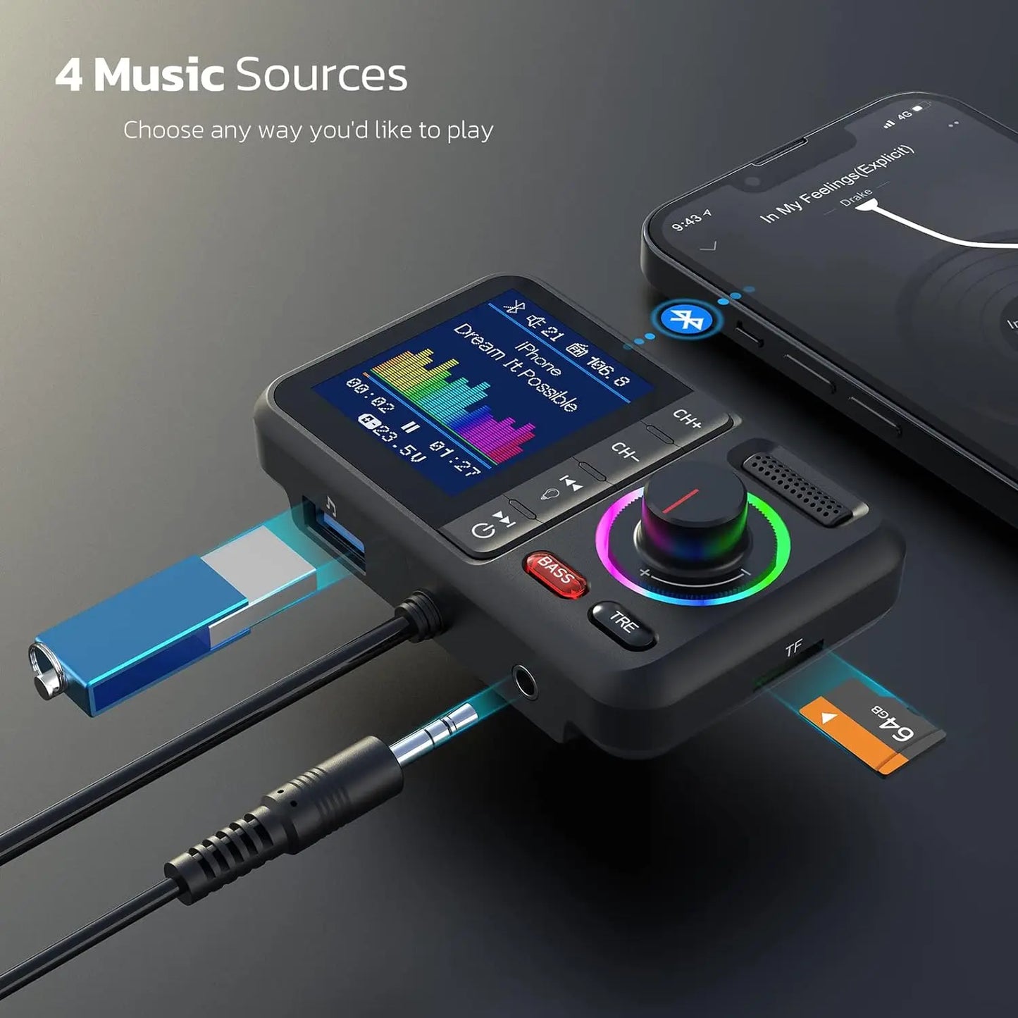 Wireless Car FM Transmitter with QC3.0 Fast Charging & Color Display
