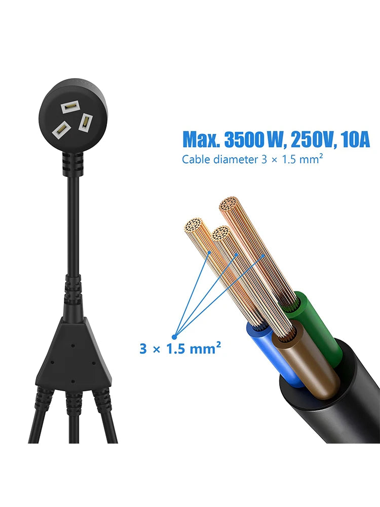 Australian 3-Way Power Extension Cord - 10A 250V Heavy Duty Splitter Cable