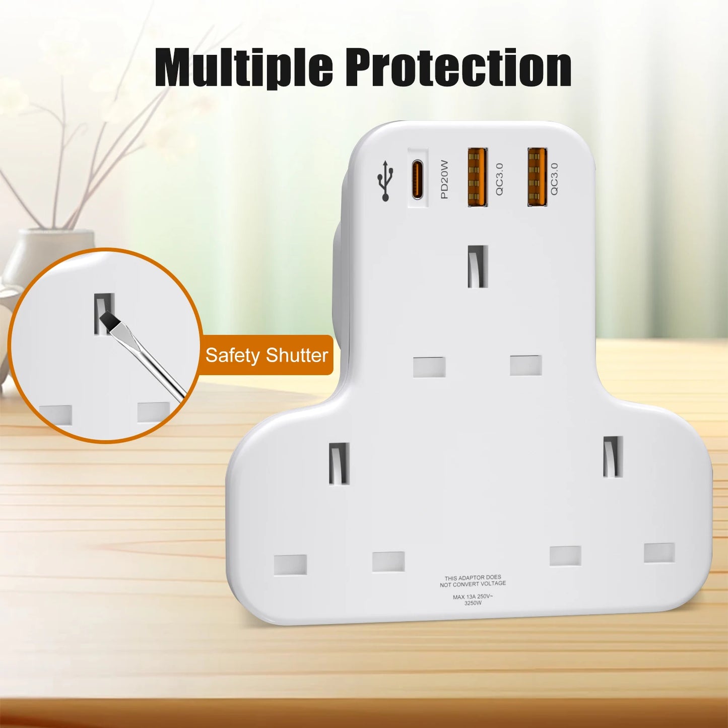 UK 6-in-1 Wall Socket Extender with 20W PD Fast Charging & 3 USB Ports
