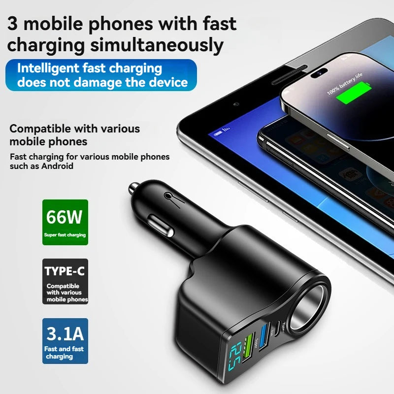 66W Fast Car Charger - Multi-Function Dual USB Cigarette Lighter Adapter - 3