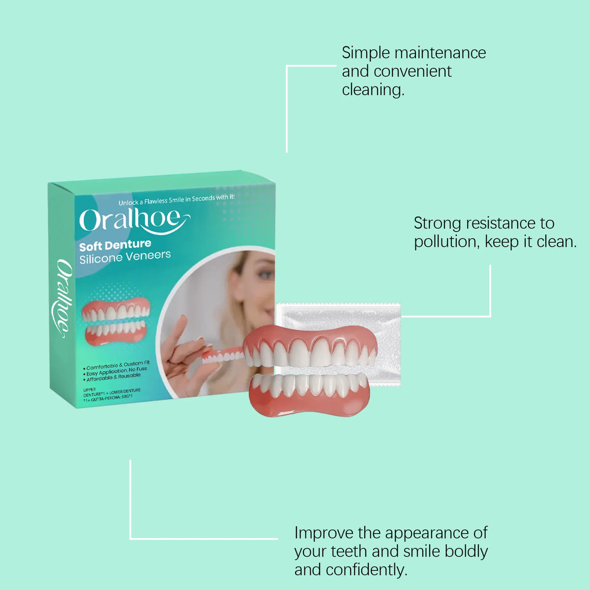Silicone Temporary Dentures - Comfortable Snap-On Smile & Teeth Repair Kit