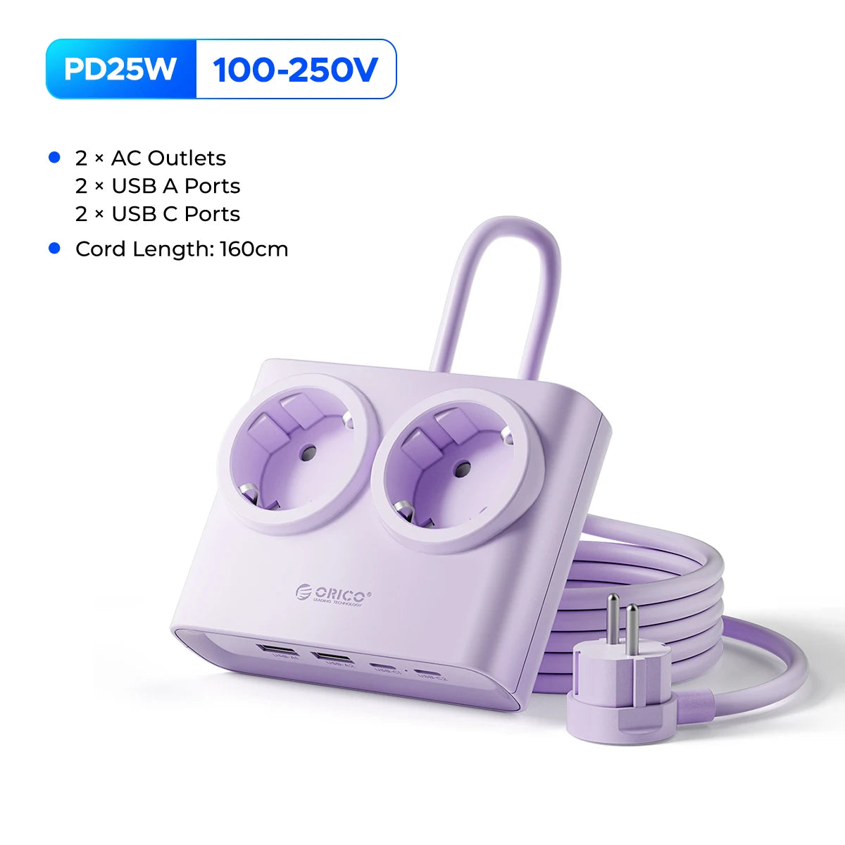 ORICO 25W GaN Desktop Power Strip - 2 AC Outlets & 4 USB Fast Charging