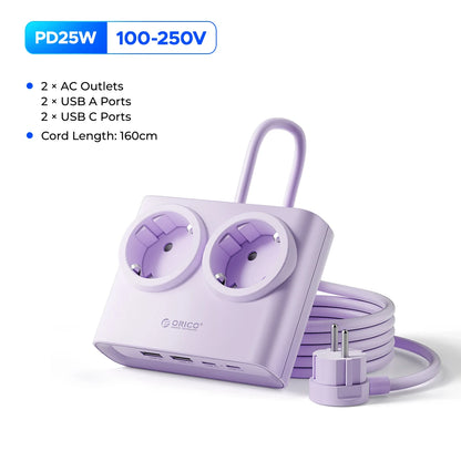 ORICO 25W GaN Desktop Power Strip - 2 AC Outlets & 4 USB Fast Charging