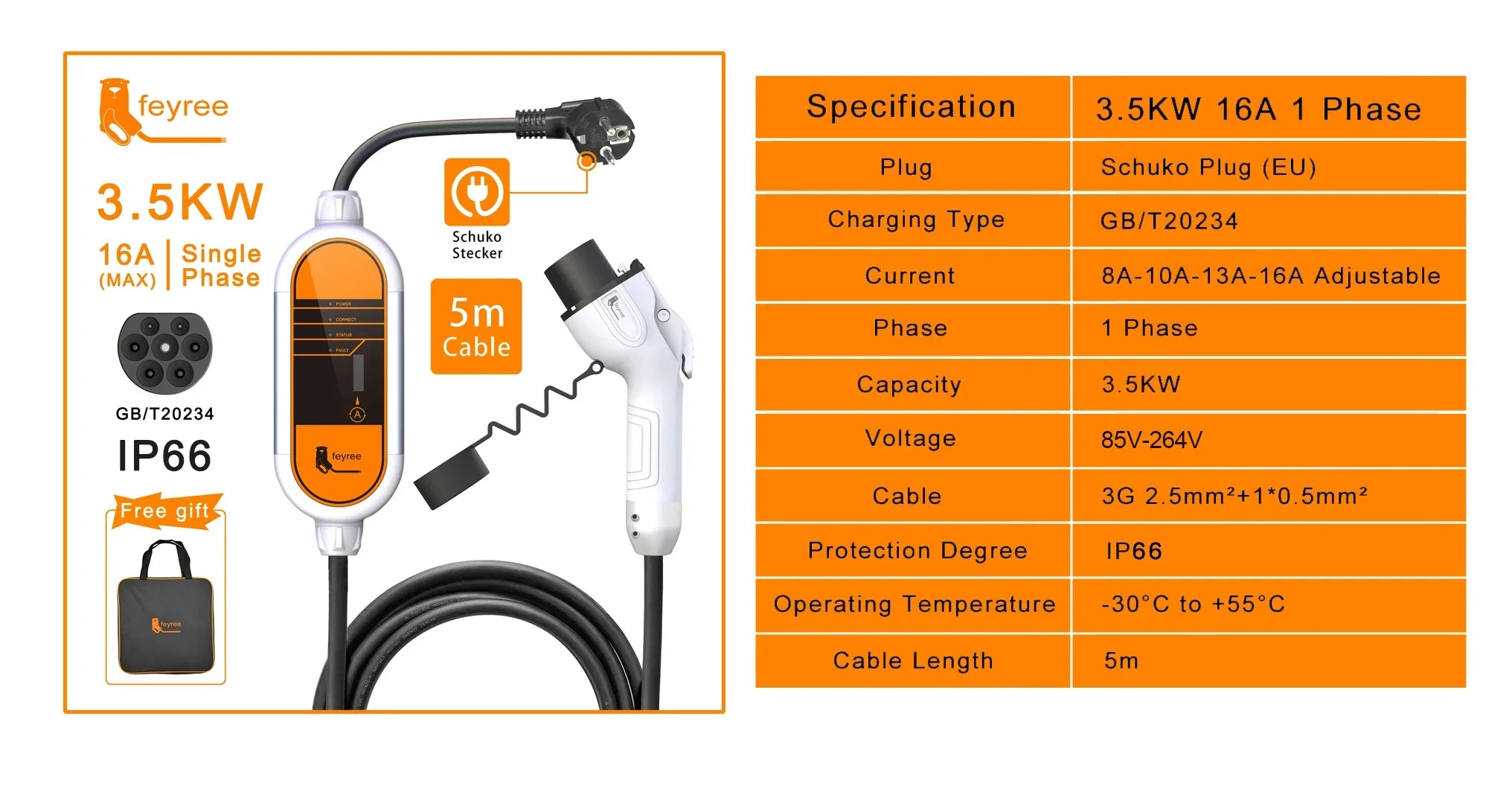 Portable 3.5KW Level 2 EV Charger - Type 2 Adjustable Charging Cable (5m) - 9