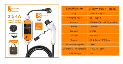 Portable 3.5KW Level 2 EV Charger - Type 2 Adjustable Charging Cable (5m)