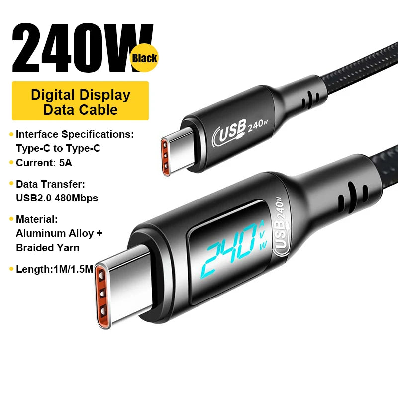 240W USB-C to USB-C Fast Charging Cable with Real-Time LED Power Display - 16