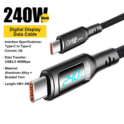 240W USB-C to USB-C Fast Charging Cable with Real-Time LED Power Display