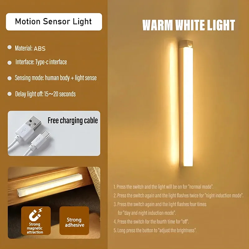 Dimmable LED Motion Sensor Cabinet Light - Wireless Rechargeable Under Closet Night Lamp - 15